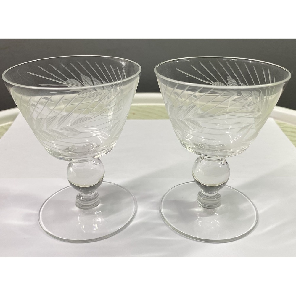 2 Vintage Libbey Cocktail Glasses Etched Wheat Pattern Sipper 3.74" Tall